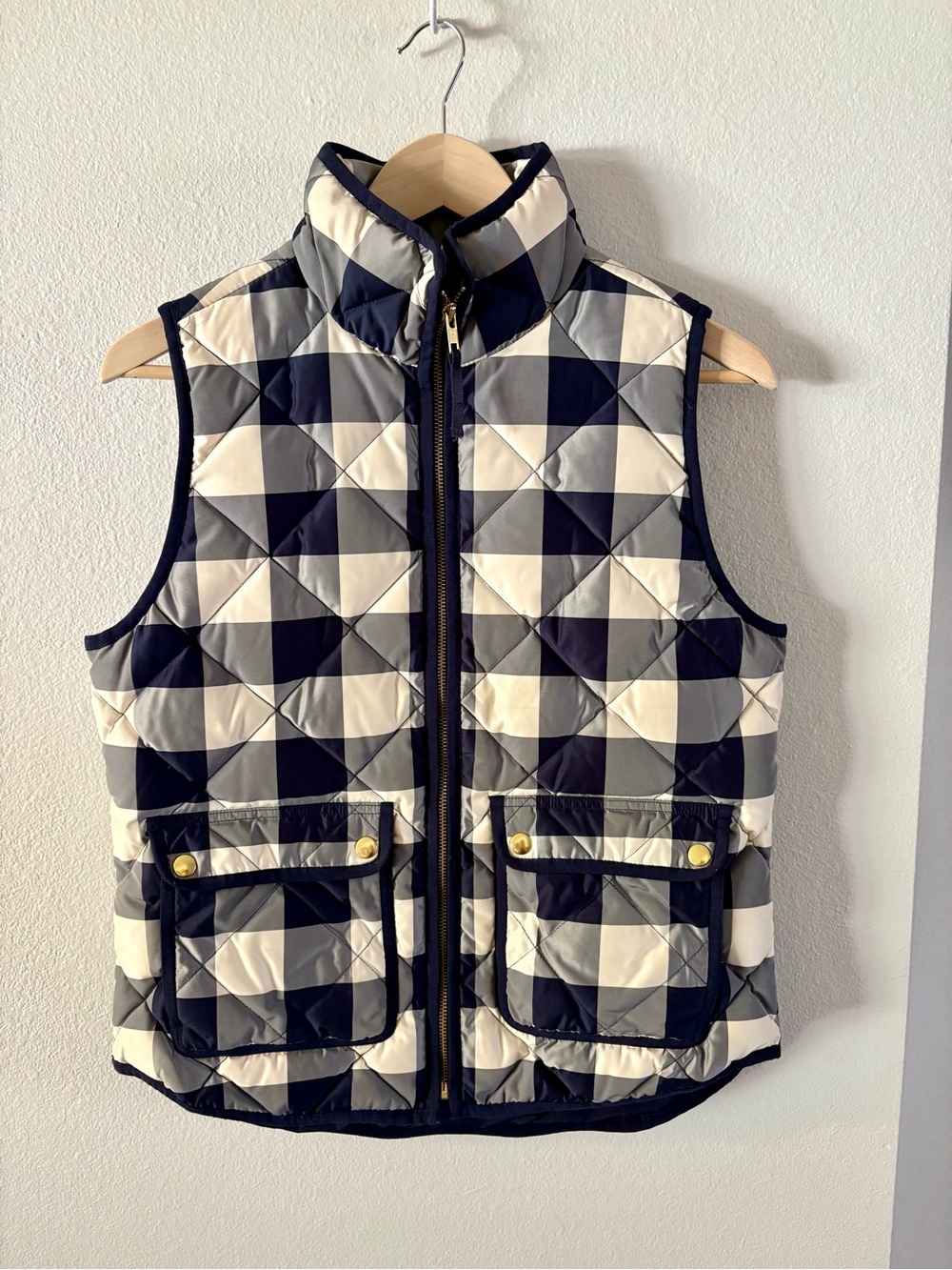 Jcrew Quilted Check Puffer Vest - Navy & Cream